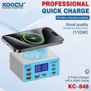 KOOCU 848 USB 8 PORTS CHARGER WITH DIGITAL DISPLAY AND WIRELESS CHARGING
